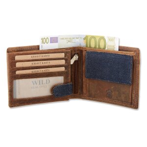 Leather wallet with denim highlights inlandscape format dark brown