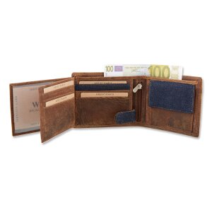 Leather wallet with denim highlights inlandscape format light brown