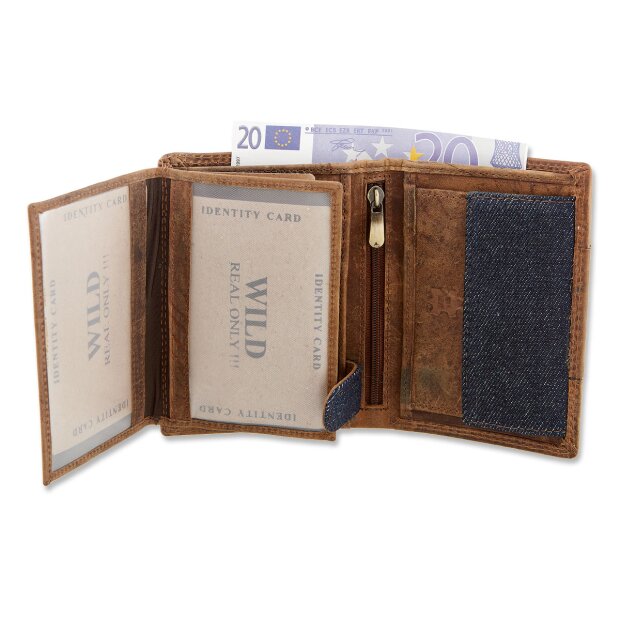 Leather wallet with denim highlights in portrait format dark brown