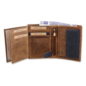 Leather wallet with denim highlights in portrait format dark brown