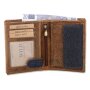 Leather wallet with denim highlights in portrait format dark brown