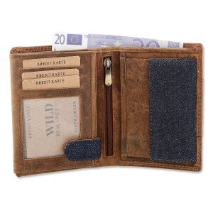 Leather wallet with denim highlights in portrait format tan