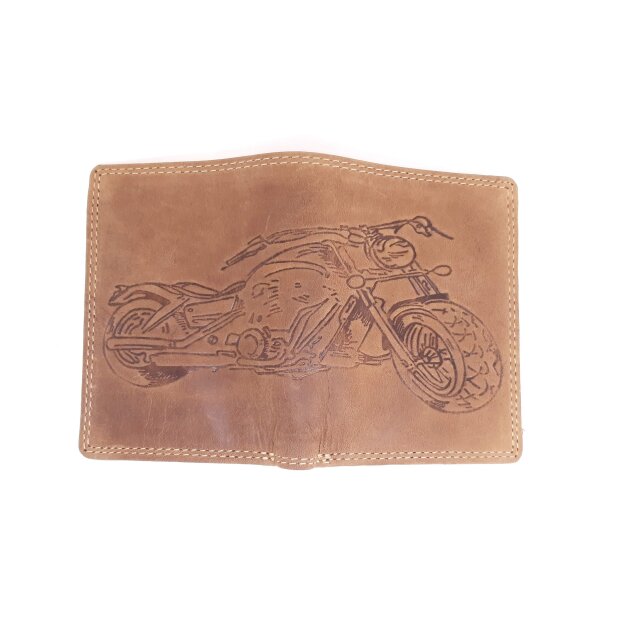 Real leather wallet with motor cycle motif, high quality, robust tan