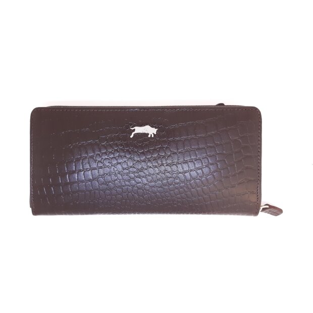 Real leather ladies wallet, croco leather look dark brown