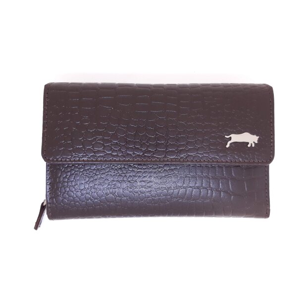 Real leather wallet in croco look dark brown