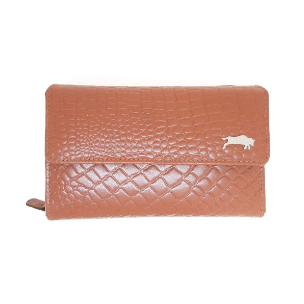 Real leather wallet in croco look tan