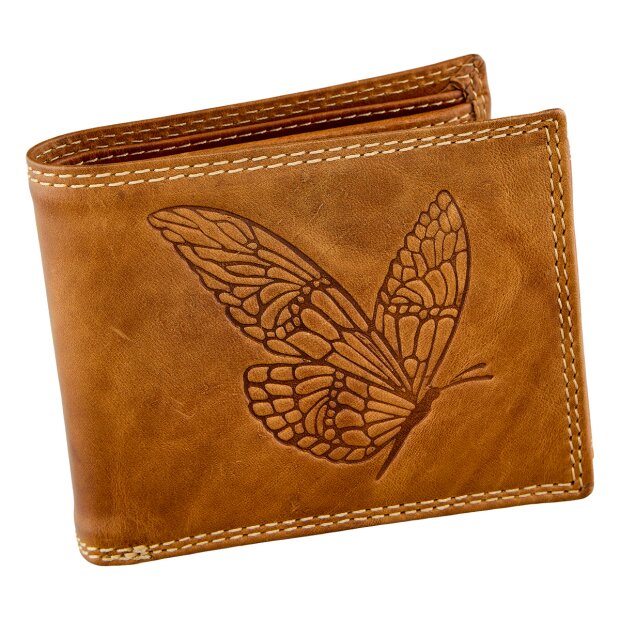 Real leather wallet, biker wallet, wallet format with Butterfly motif tan