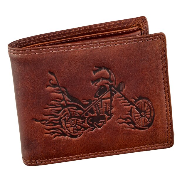 Real leather wallet, biker wallet, wallet format with Motorcycle motif brown